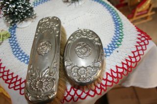 Antique Two Clothing Silver Brushes Ornate Rare Lady Face Art Nouveau 1890 