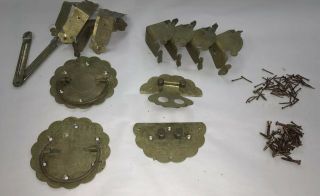 Antique Brass Components From Old Chinese Trunk Lock,  Handles,  Corners Etc