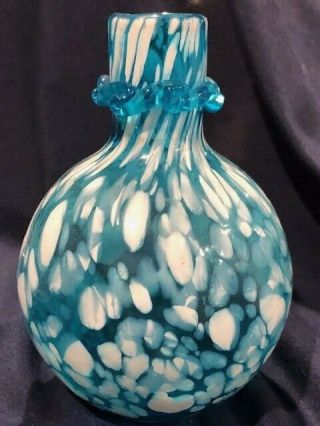 Mid Century Hand Blown Art Glass Vase Unmarked In Vibrant Turquoise White Fleck