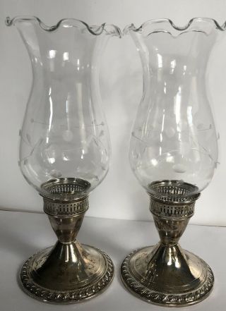 Duchin Creation Sterling Weighted Candle Holder Pair W/ Cut Hurricane Shade