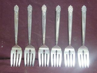 6 Silverplate King Edward National Silver Co.  Moss Rose Salad Forks 6 " Nm