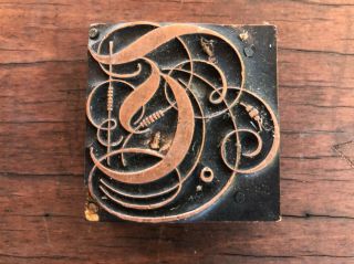 Antique Copper Printers Block Mounted On Wood Ornate Storybook Style Letter - F
