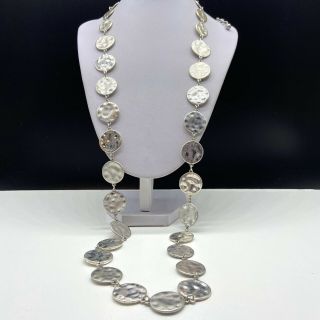 Chico’s Antiqued Silver Tone Circle Disc Long Chain Statement Necklace