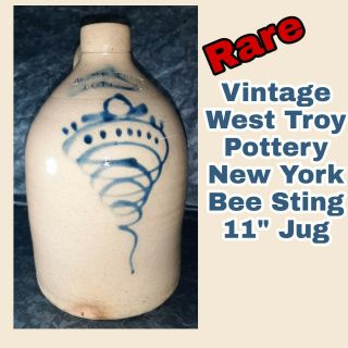 Vintage Rare West Troy Pottery Bee Sting Crock Blue Jug Primitive Art York
