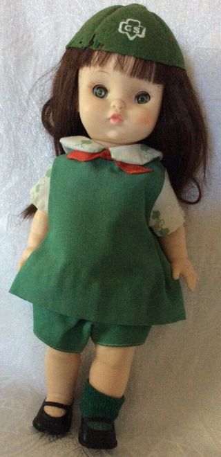 1966 Effanbee 11 Inch Girl Scout Doll Long Brown Hair With Outfit Sleepy Eyes