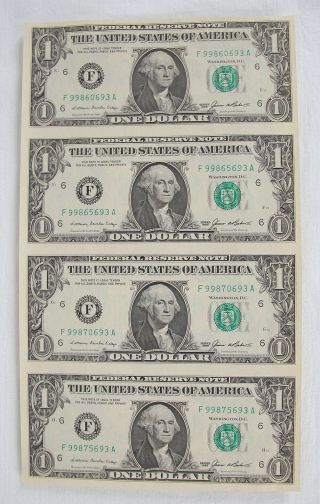 1985 Atlanta Federal Reserve Notes Full Uncut Sheet Of 4 $1 Dollar F - A Block Yqz