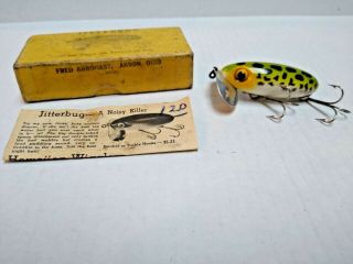 Vintage Fred Arbogast Jitterbug Fishing Lure With Yellow Box And Paper Insert