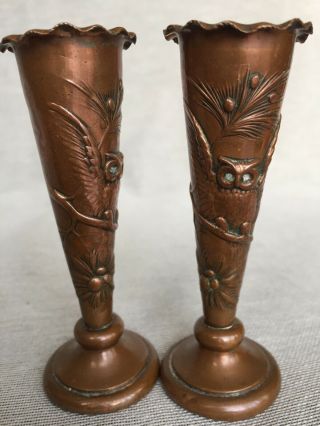 Pair Rare Antique Repousse Copper Bronze Owl Spill Bud Vases Arts & Crafts