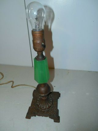 Antique Small Bronze Table Lamp With A Green Hexagonal Jadeite Glass On Column