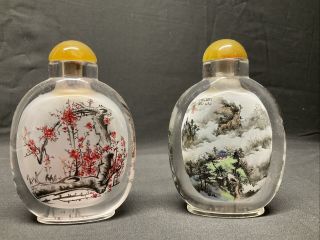 Two Chinese Exquisite Handmade Inside Painting Landscape Glass Snuff Bottle