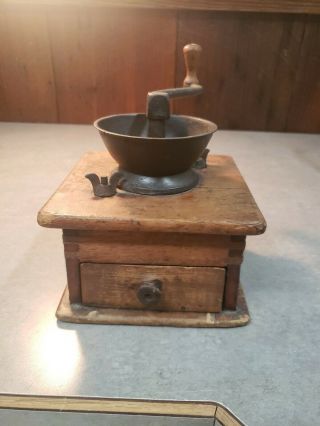 Antique Spice Or Coffee Grinder Cast Iron Top And Wood Drawer Box