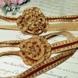 1y Vtg French Brown Gold Metallic Velvet Ribbon Work Art Flower Trim Millinery