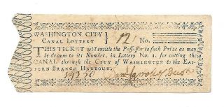 Rare City Of Washington D.  C.  Canal Lottery Ticket Signed By Daniel Carroll 1796