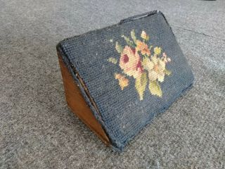 Antique Victorian Floral Embroidered Needlepoint On Wood Wedge Doorstop