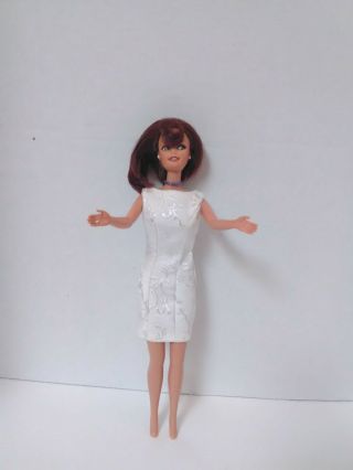 Vintage Barbie Doll 1966 Indonesia Short Auburn Hair White Dress & Jewelry