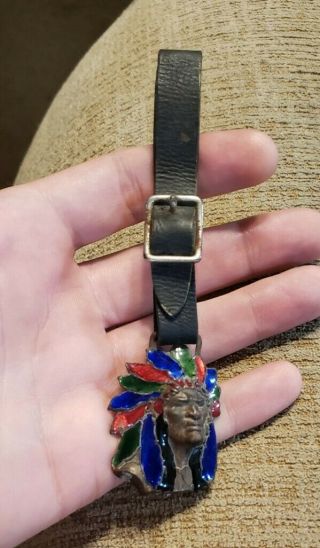 Rare Early 1900s Native American Indian Chief Robbins Co.  Enameled Watch Fob