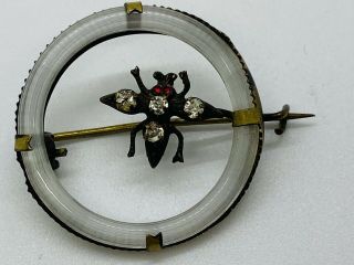 Antique Victorian Fly Bug Pin Brooch Czech White Glass C Clasp Brass Rhinestone