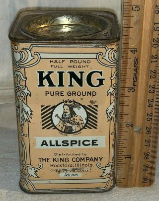 Antique King Allspice Spice Tin Litho Can Rockford Il Country Store Grocery Old