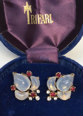 Rare Signed Trifari Alfred Philippe “claire De Lune” Moonstone Clip Earrings