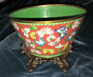 Antique Chinese Cloisonne Planter Bowl On Carved Wood Stand Not Vase