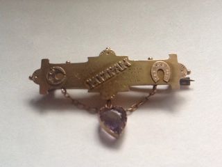 Rare Victorian 9ct Gold Mizpah Brooch With Love Heart Shaped Amethyst Drop