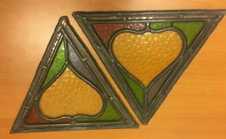 Vintage Antique Leaded Stained Glass Window Panel Set | 2 | Triangle | 9 " Sides