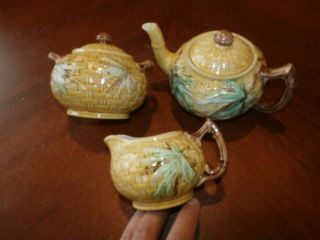 Antique English Majolica Art Pottery Basket Weave Teapot Creamer Sugar Bowl Set