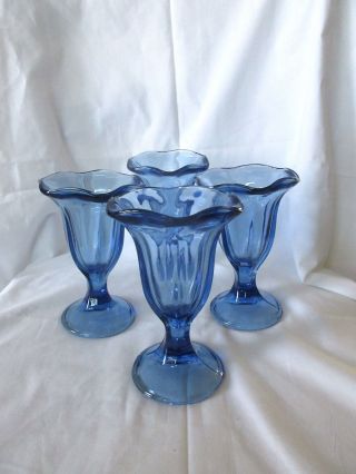 Set Of 4 Blue Glass Ice Cream Sundae Tulip Cups