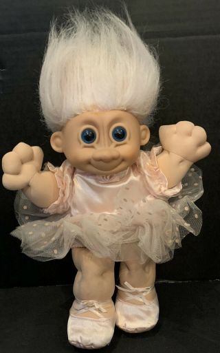 Vintage Russ Berrie Plush Troll 12 " Doll Pink Ballerina Tutu Slippers Blue Eyes