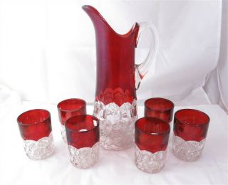 Eapg Red Honey Comb Pattern Cut Glass Water Pitcher & 6 Cups