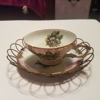Vintage Unique Wire Rimmed Ceramic Flower Pattern Tea Cup And Saucer Japan