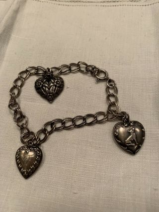 Antique Puffy Heart Charm Bracelet Sterling