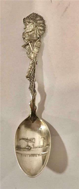 1904 Sterling Spoon W/ Owen Sound Harbor On Canada In Bowl &native Indian Handle