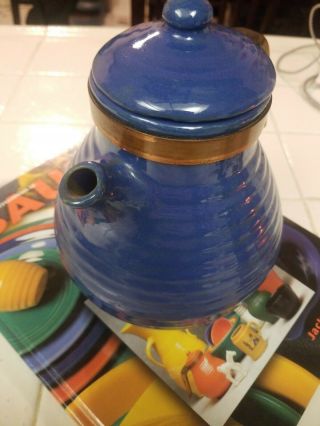 Antique Bauer Blue Coffee Tea Pot Wood Handle WITH LID RARE 3
