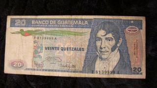 1987 Banco De Guatemala 20 Quetzales Banknote Very Rare And Scarce