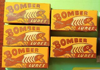 5 Vintage Bomber Fishing Lure Boxes - Empty - With Inserts - Gainesville Tx