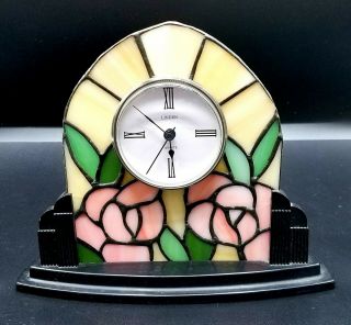 Rare Linden Stained Glass Art Deco Pink Roses Table Desk Mantel Clock