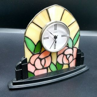 Rare LINDEN Stained Glass Art Deco Pink Roses Table Desk Mantel Clock 2