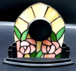 Rare LINDEN Stained Glass Art Deco Pink Roses Table Desk Mantel Clock 3