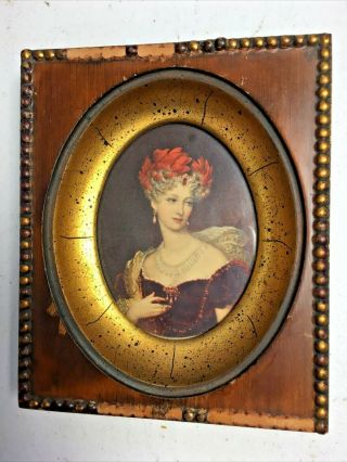 Antique Miniature Portrait Painting Elegant Lady In Period Frame