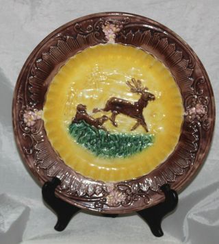 Antique Majolica Plate With Stag And Dog