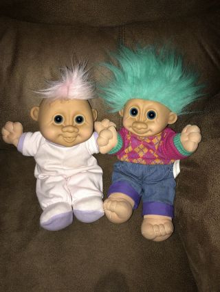 2 Russ Vintage Troll Kidz 12” Denim Plush Doll 90s Baby & Blue Hair Sweater