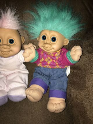 2 Russ Vintage Troll Kidz 12” Denim Plush Doll 90s Baby & Blue Hair Sweater 3