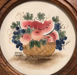 Vintage Round Theorem Basket of Fruit Framed Signed Honan 7.  5 