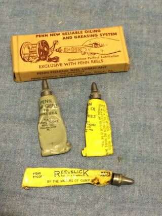 Vintage Penn Fishing Reel Lubricant Box & 3 Partial Tubes,  Reelslick,  Grease