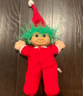 Russ Berrie Vintage 12 Inch Troll Doll With Santa Hat,  Green Hair,  Blue Eyes