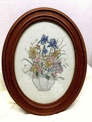 Vintage Floral Oval Framed Cross Stitch Wall Art W Glass Handmade Pastel Flowers