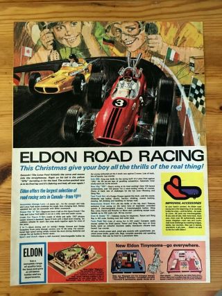 Rare 1966 Canadian Canada Ad Eldon Car Road Racing Set Track Slot Cars Race Toy