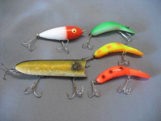 5 Vintage Heddon Lures Wood Ge Lucky 13 - Chatter Tad - Baby Zara Spook