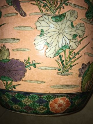Large Antique Chinese Ginger Jar & Lid Pink Floral Birds Qianlong Marked 3
